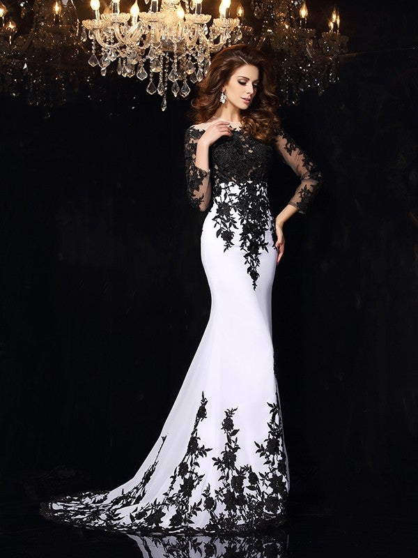 Lace long sleeves and scoop neckline on long chiffon dress