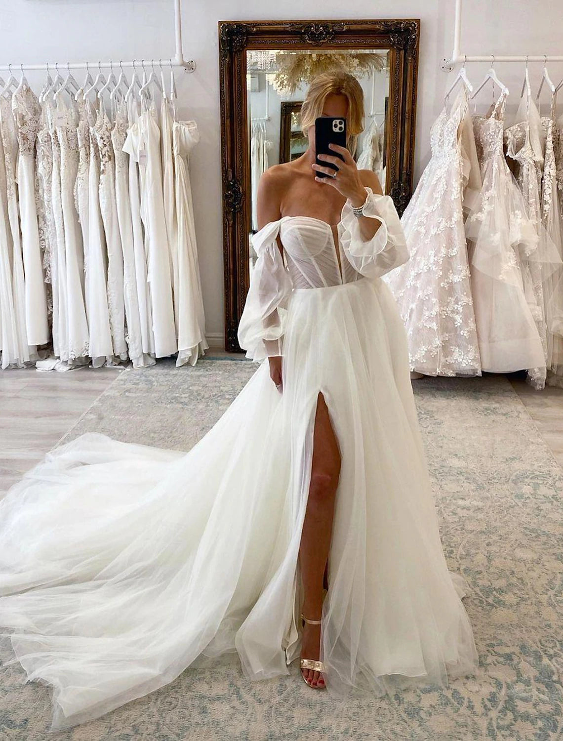 A-line off-the-shoulder long sleeve chiffon wedding dress with ruched bodice in white