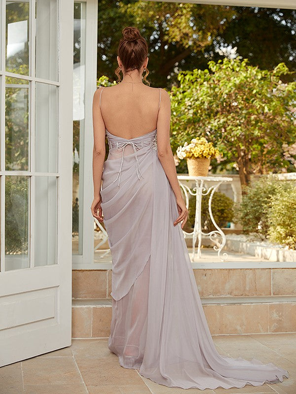 Sleeveless 30D chiffon sheath prom dress with spaghetti straps