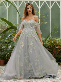 A-line tulle sweetheart prom dress with applique and short sleeves