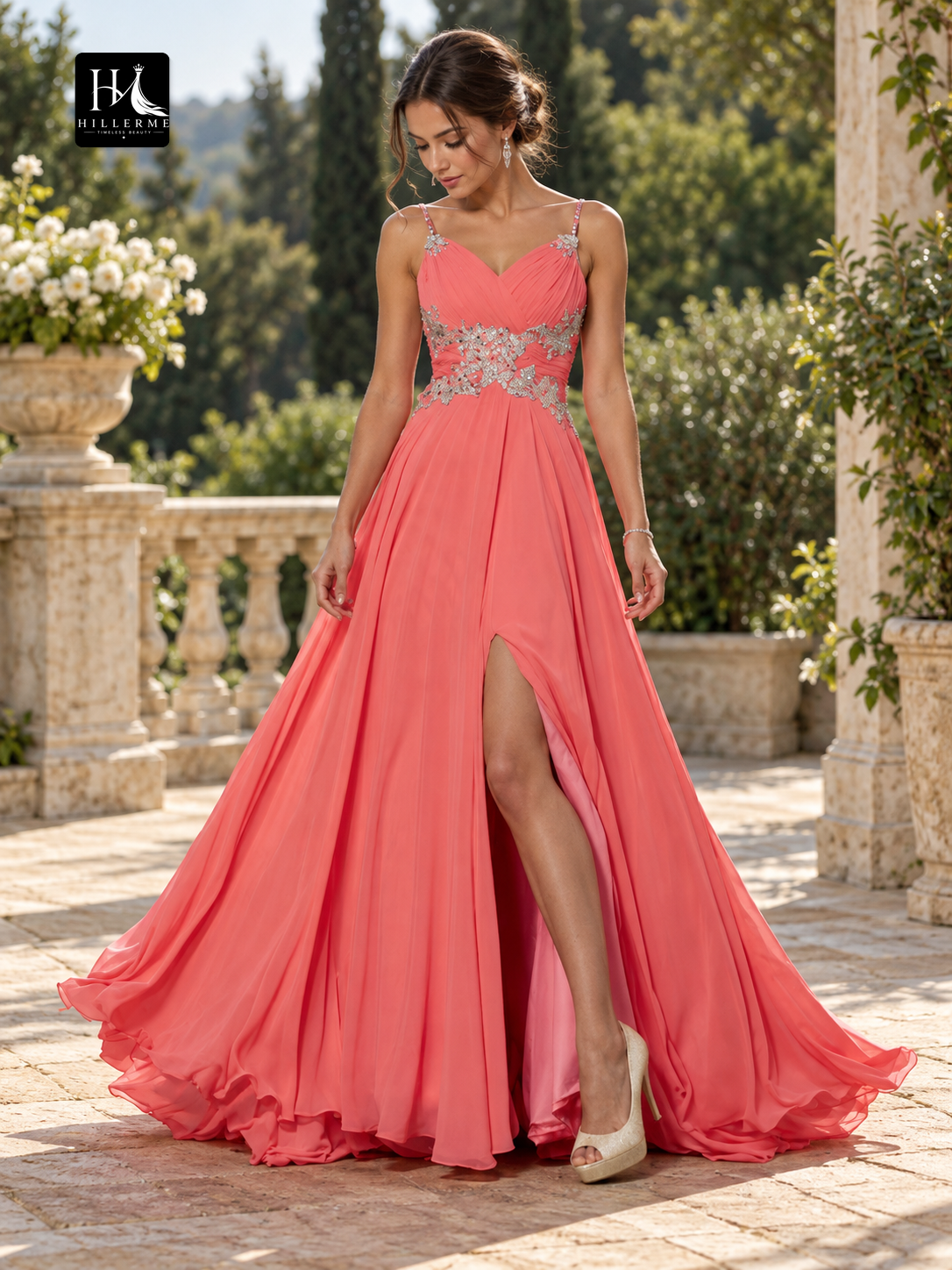 A-Line Princess Scoop Neck Sleeveless Lace and Chiffon Dress with Sweep Train