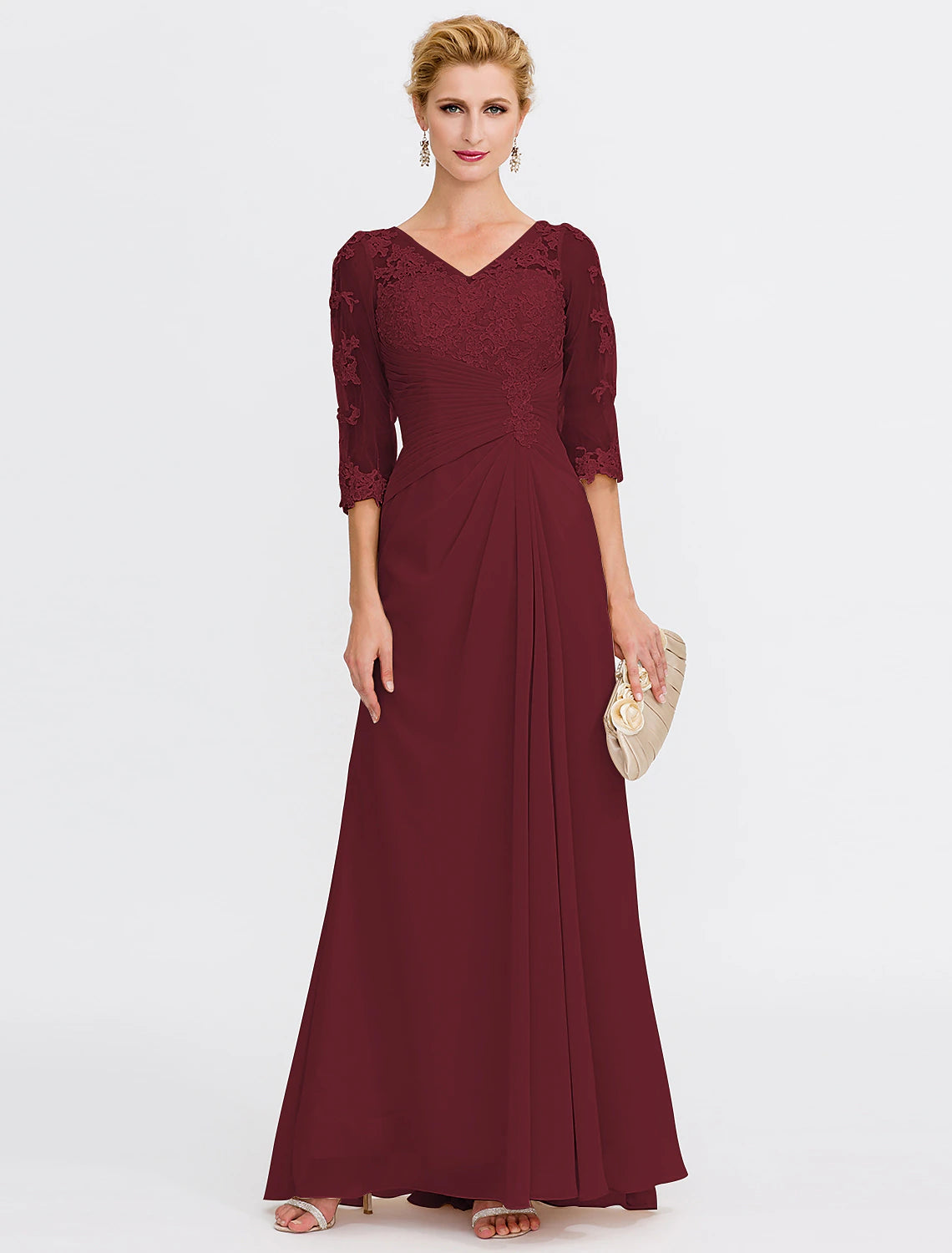 Burgundy A-line chiffon mother of the bride dress with V-neck and half sleeves