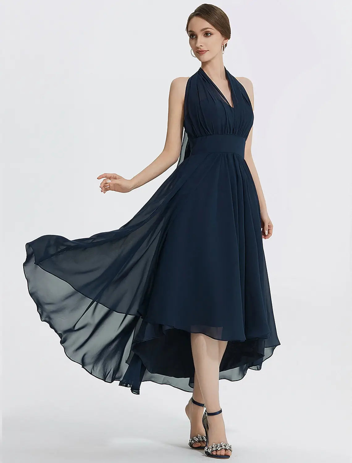 Tea-length A-line chiffon wedding guest dress with short sleeves and ruched detailing