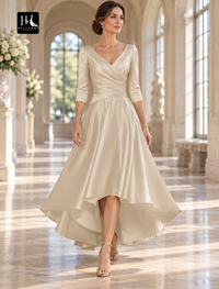 A-Line Asymmetrical High-Low Satin Mother of the Bride Dress with Half Sleeves