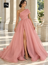 One-Shoulder Sleeveless Organza Ruffle Ball Gown Prom Dress with Sweep Train