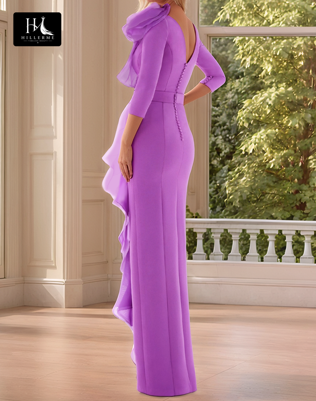 Floral Embossed High-Neck Mermaid Cocktail Gown with 3/4 Sleeves for Mother of the Bride