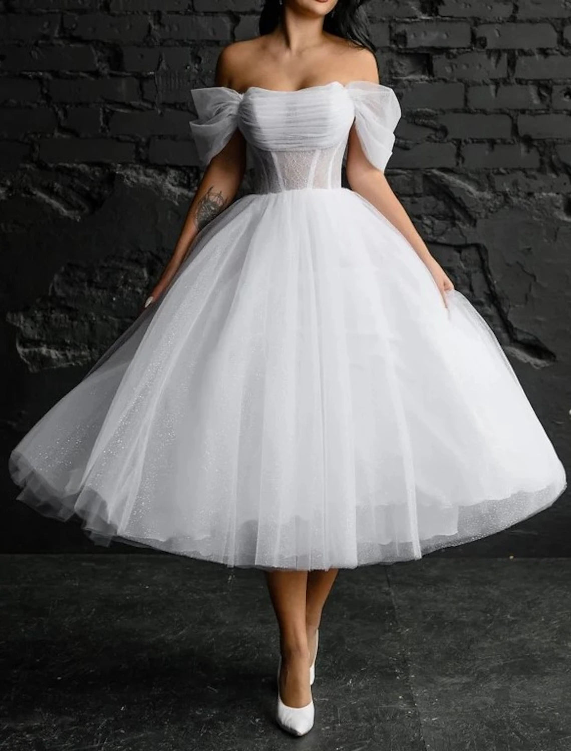 A-line scoop neck sleeveless tea length satin wedding dress in ivory