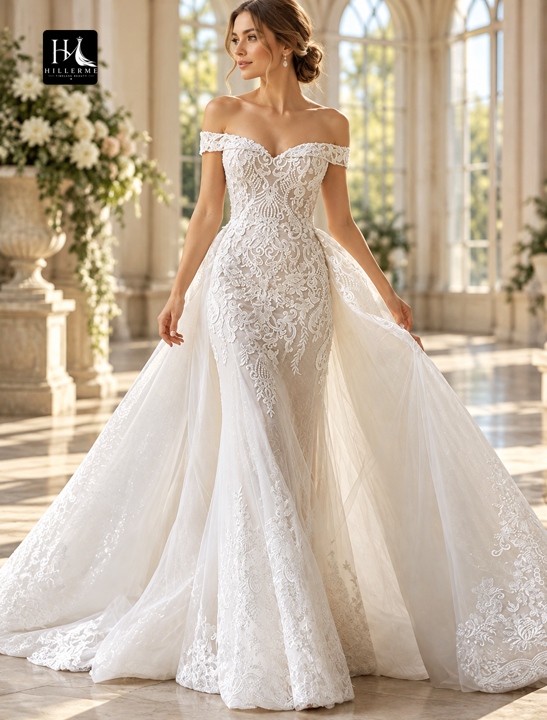 Two-Piece Off-the-Shoulder Satin Wedding Dress with Cap Sleeves, Beading Appliques, and Court Train