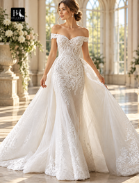 Two-Piece Off-the-Shoulder Satin Wedding Dress with Cap Sleeves, Beading Appliques, and Court Train