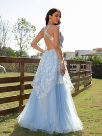 Floor-length A-line prom dress with lace bodice, V-neck, and tulle skirt