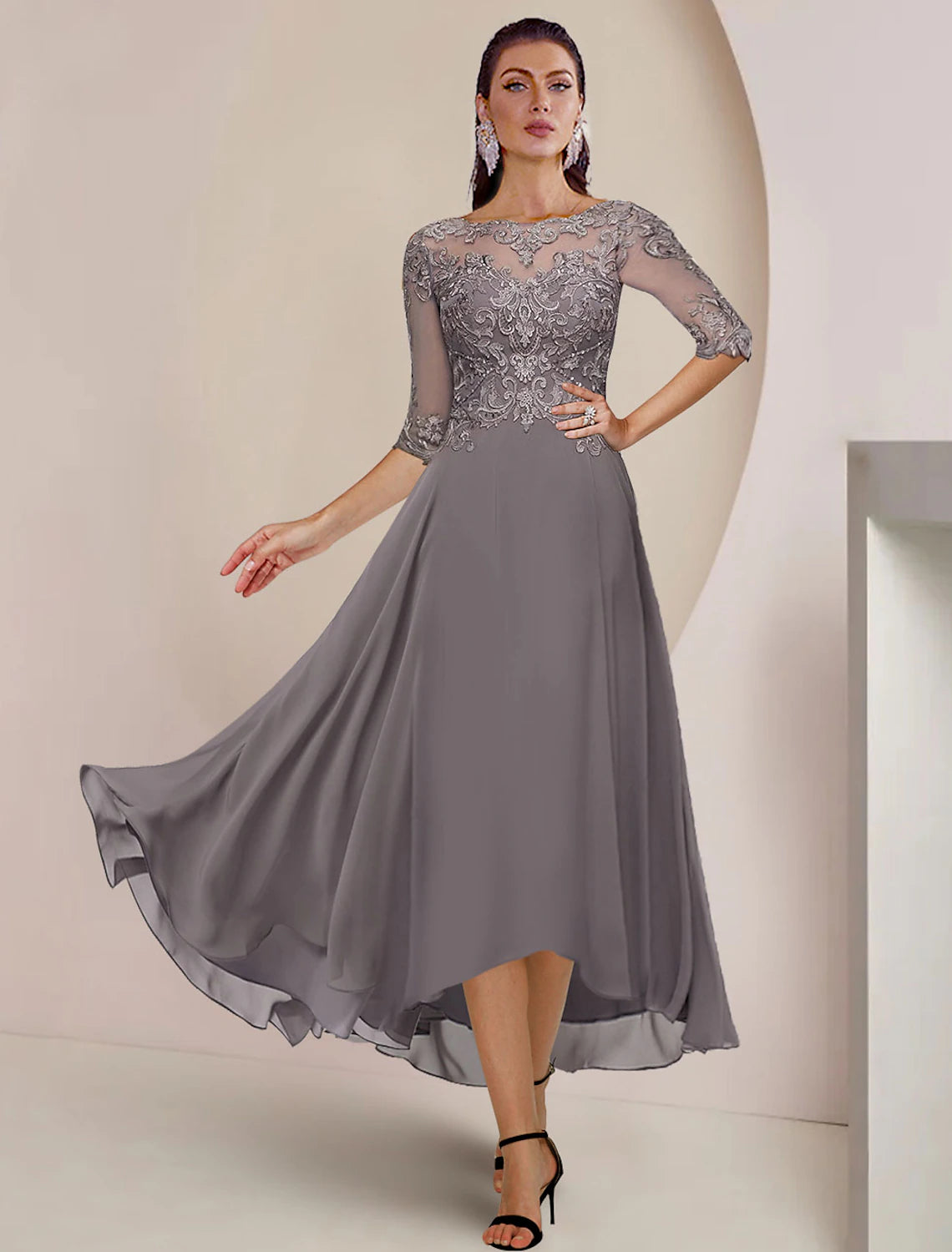 A-line high-low chiffon mother of the bride dress with lace appliques and half sleeves