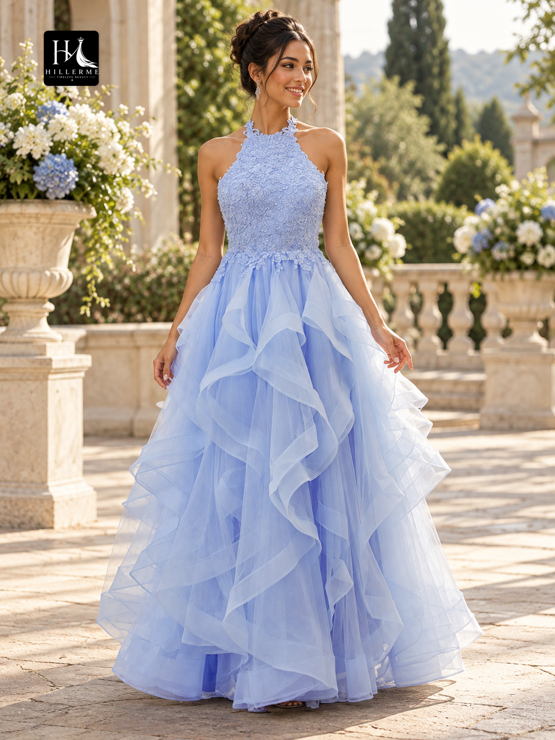 A-Line Halter Sleeveless Applique Tulle Floor-Length Prom Dress