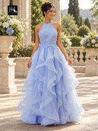 A-Line Halter Sleeveless Applique Tulle Floor-Length Prom Dress