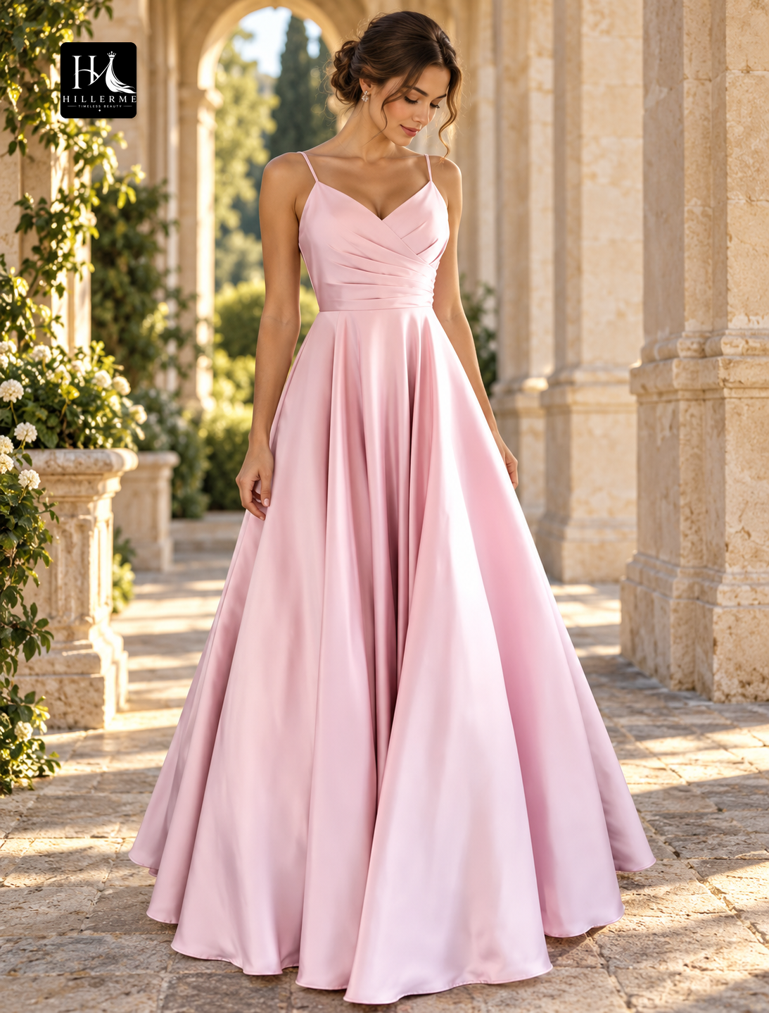 A-Line V-Neck Backless Stretch Satin Prom Dress with Ruched Pleats