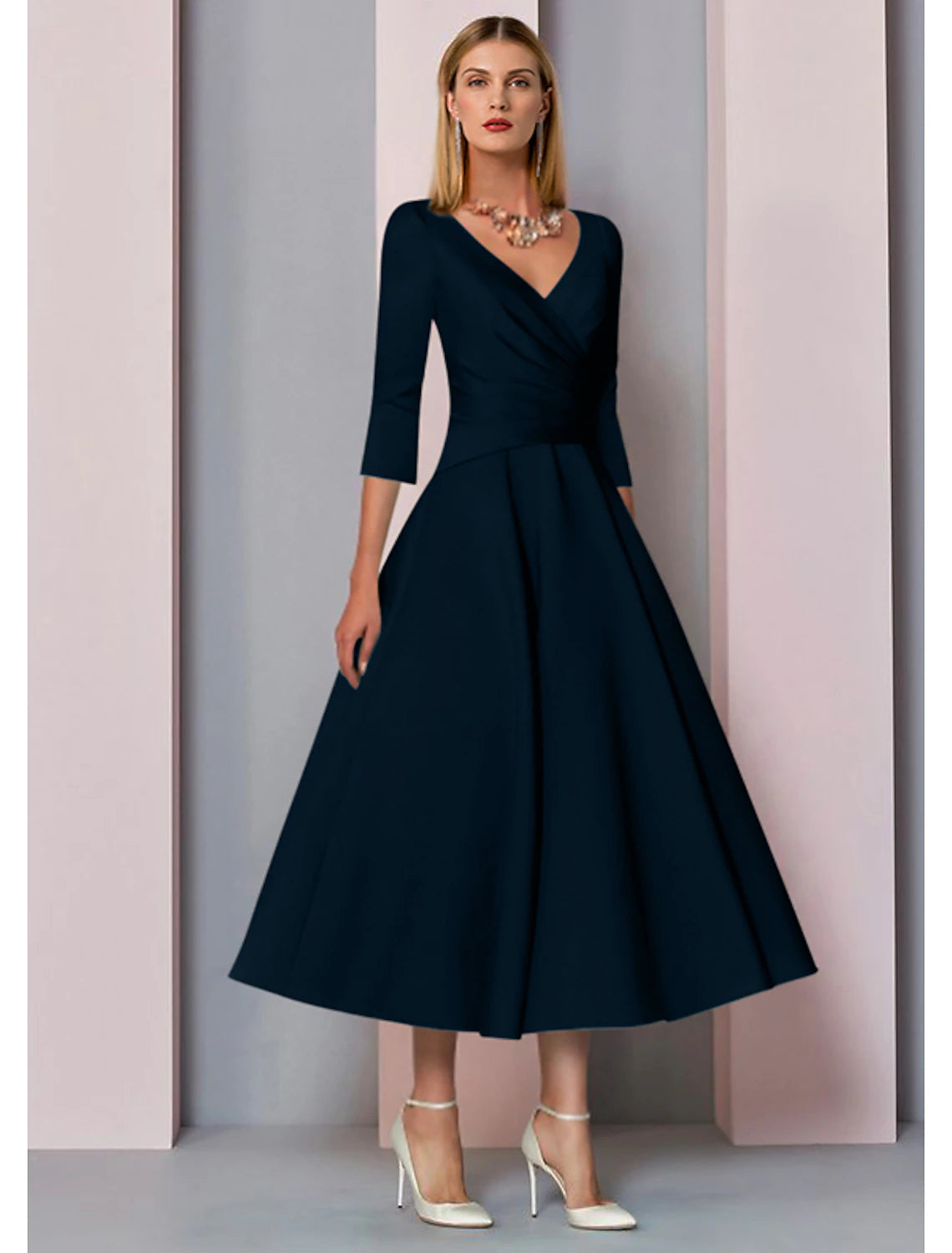 Pleated tea-length satin mother of the bride dress