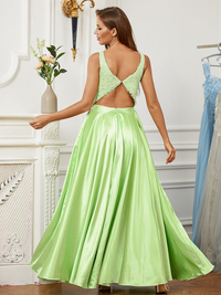A-line princess sleeveless floor-length prom dress with lace detailing