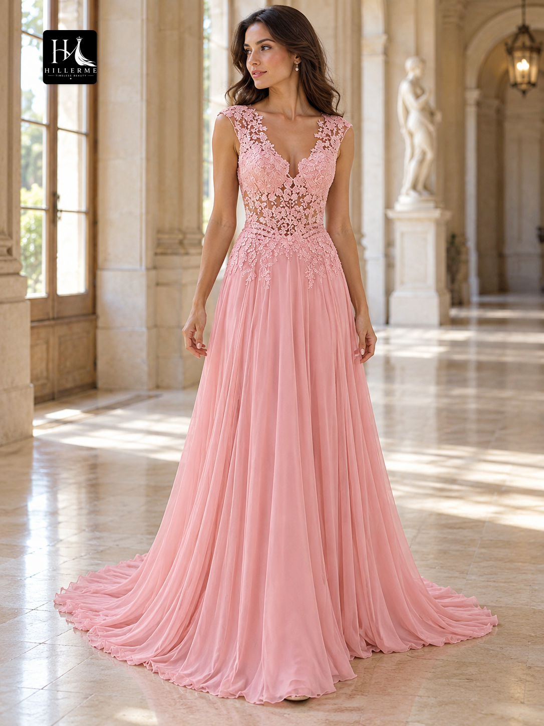 A-Line V-Neck Sleeveless Chiffon and Lace Prom Dress with Sweep Train