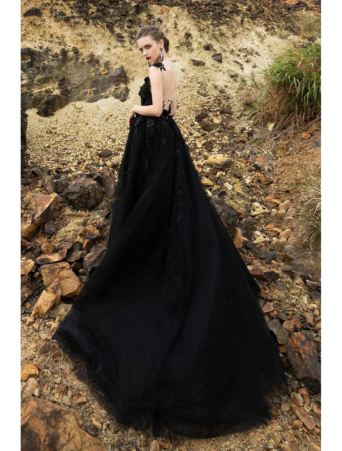 Beach boho black A-line wedding gown with sleeveless bodice, court train, and lace appliques
