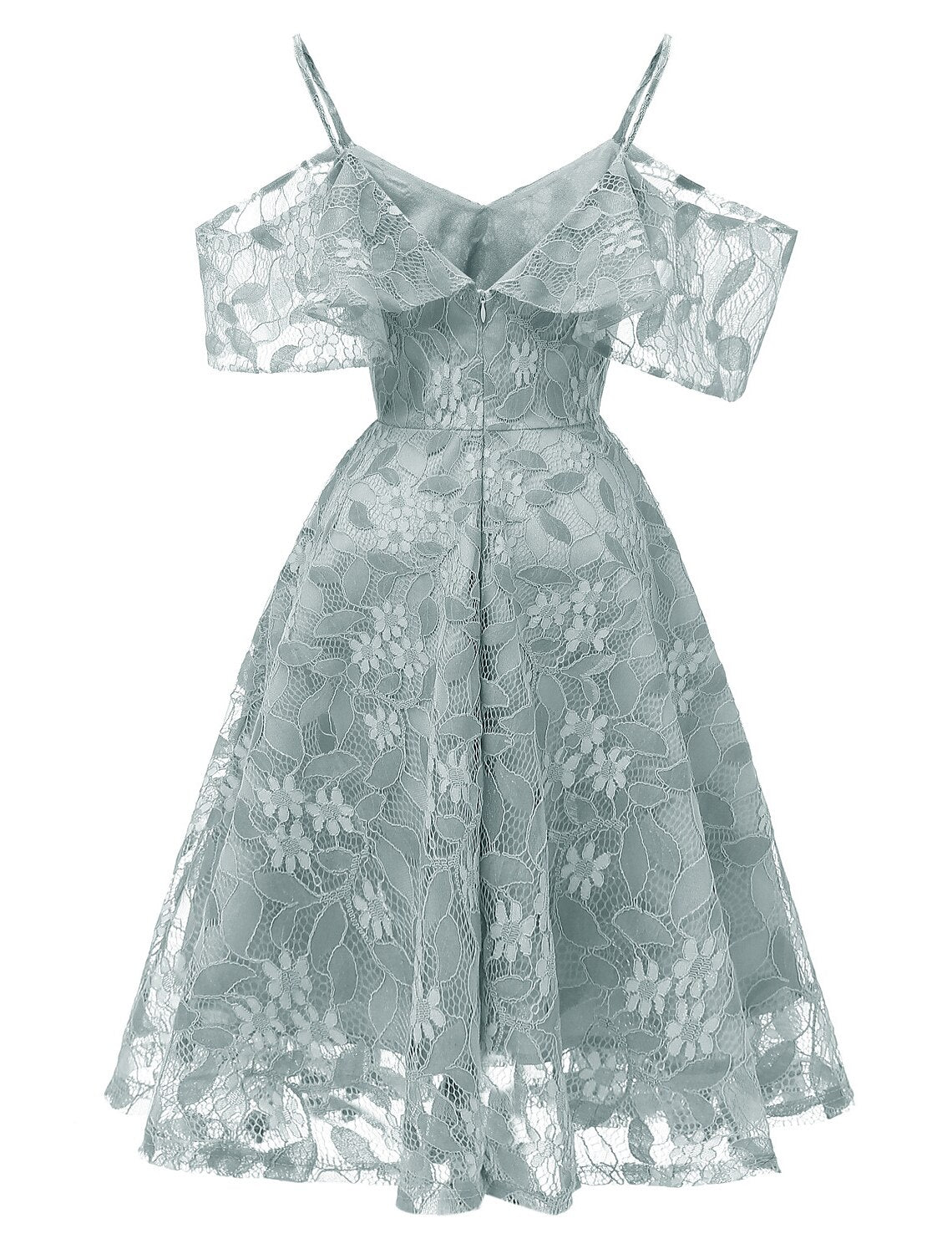 A-line wedding guest dress featuring lace and spaghetti straps