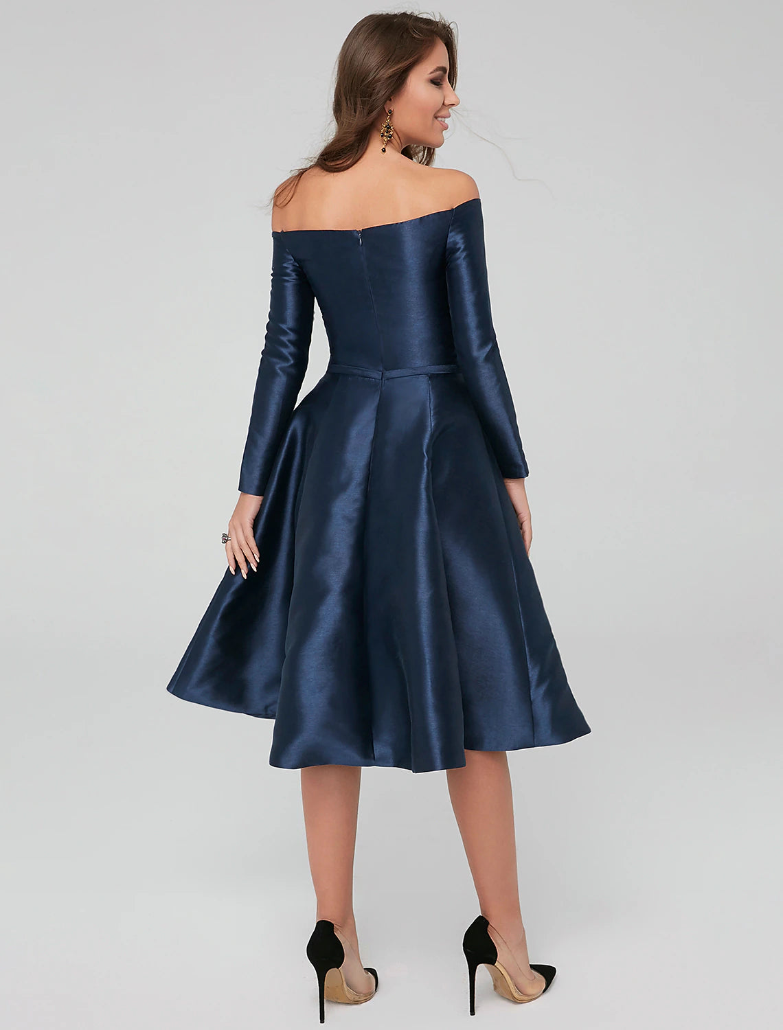 A-line pleated satin knee-length off-shoulder cocktail dress with long sleeves
