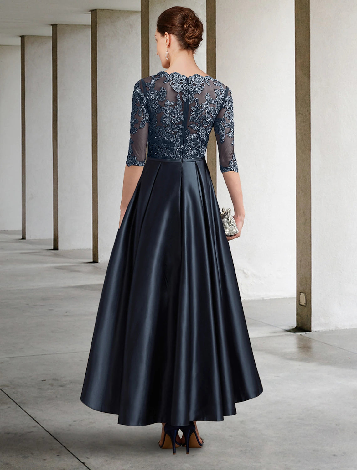 Dark Navy Italy satin A-line mother of the bride dress showcasing asymmetrical lace and pleated lace half sleeves