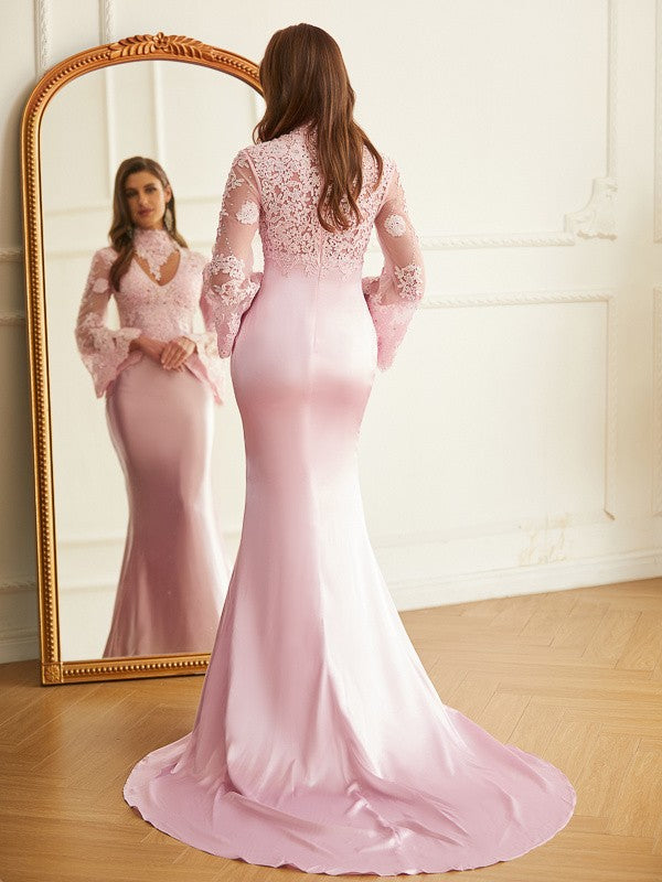 Sheath column prom dress featuring high neckline, long sleeves, and silk-like satin fabric