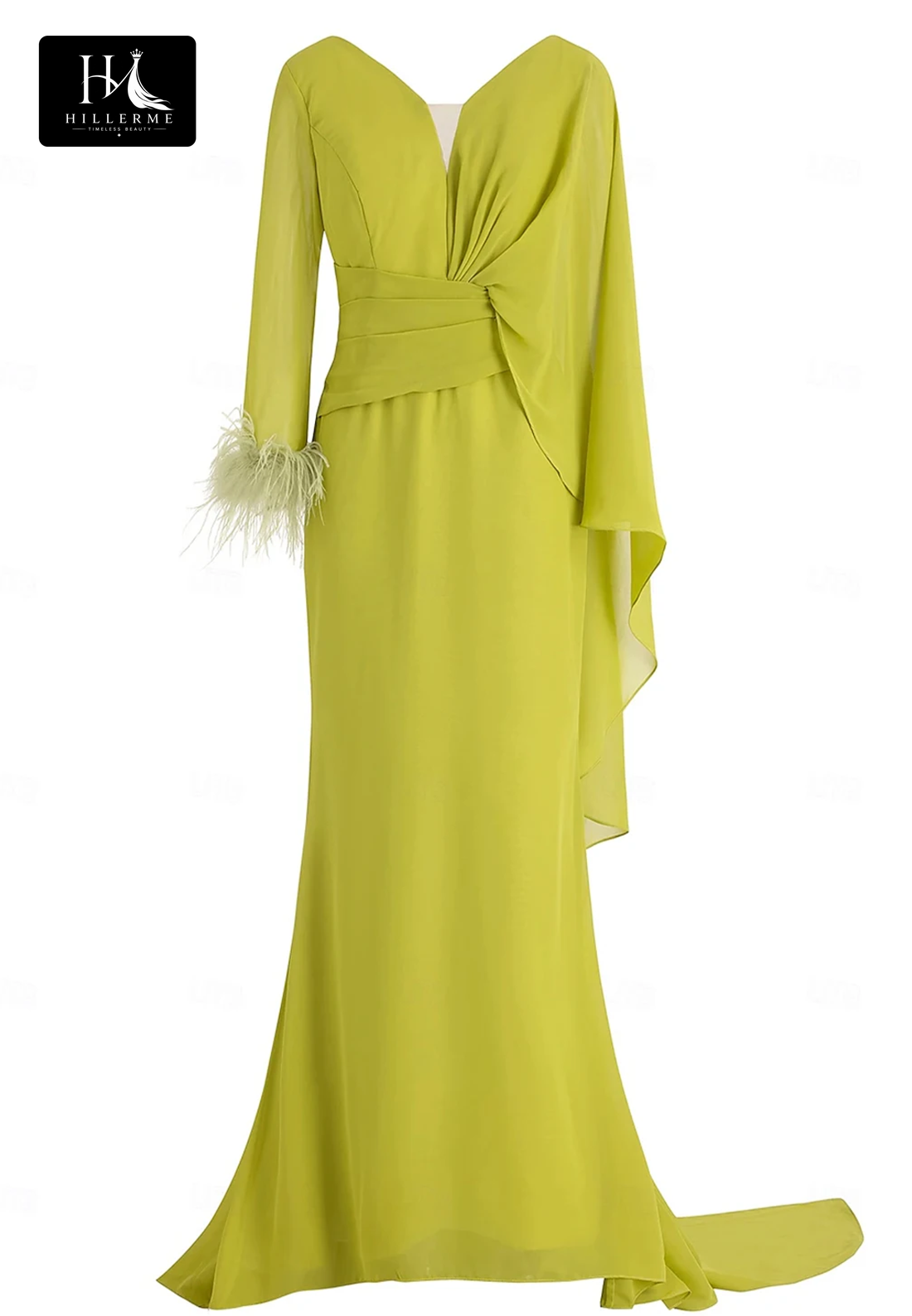 V-Neck Long-Sleeve Chiffon Mermaid Floor-Length Mother of the Bride Gown with Pleated Skirt