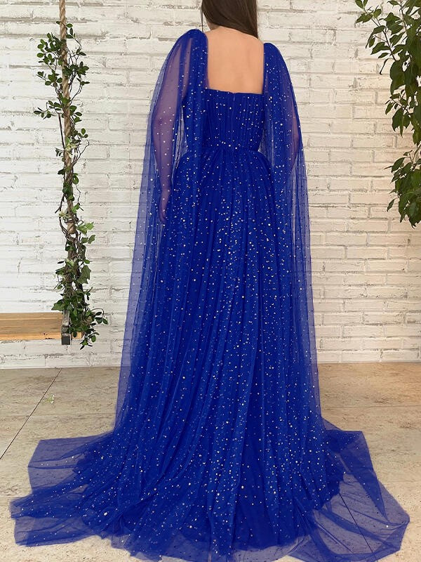 Long sleeve A-line prom dress featuring square neckline and ruffle details