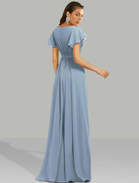 Floor-length A-line pleated chiffon formal dress with jewel neck and short sleeves