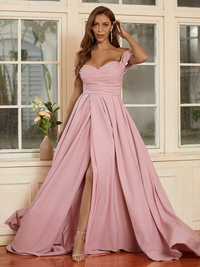 Stretch crepe A-line prom dress with off-the-shoulder neckline and ruffle details