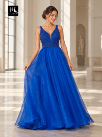 A-Line V-Neck Sleeveless Organza Floor-Length Prom Dress with Beading