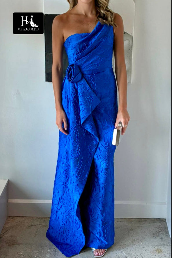 Asymmetrical One-Shoulder Jacquard Gown with High Slit