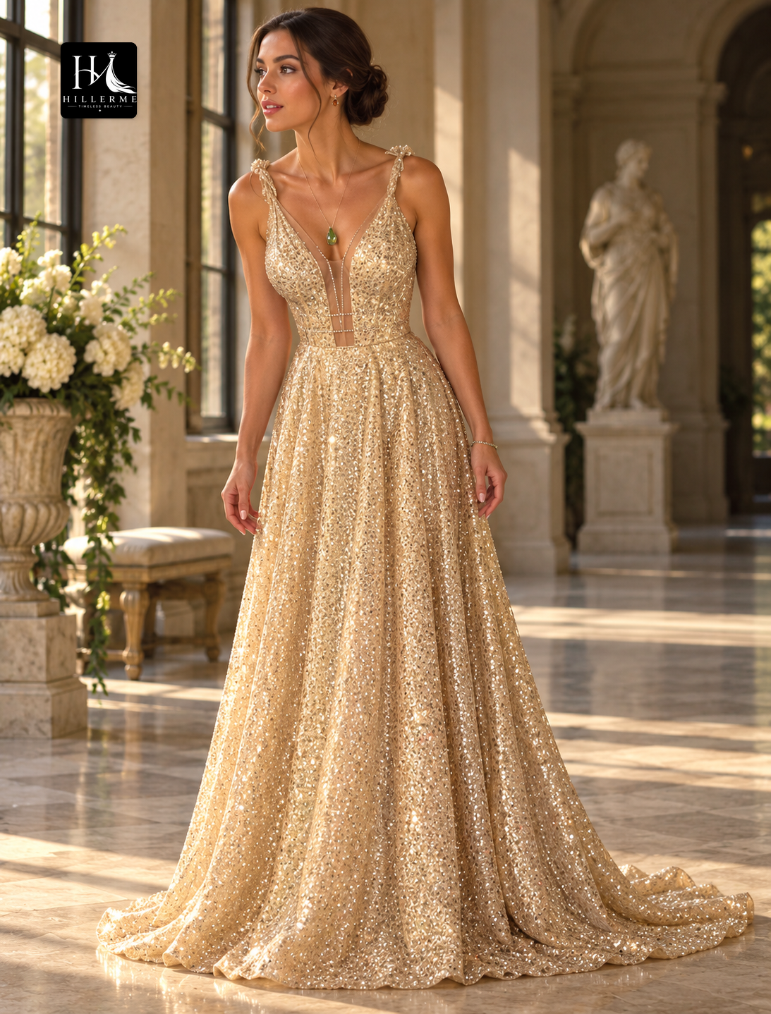 A-Line Glittering Stretch Satin Prom Dress with Rhinestones and Sweep Train