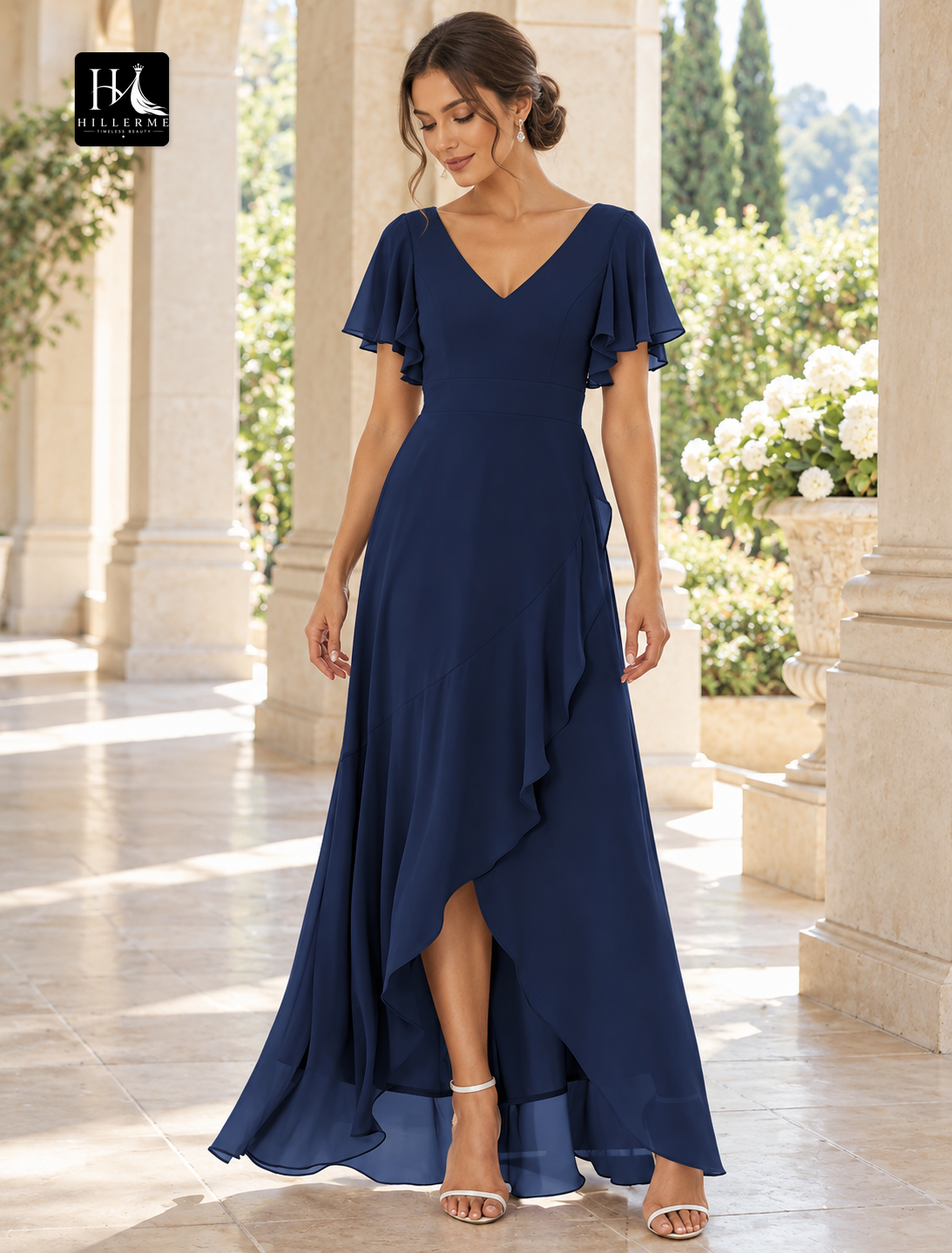 A-Line Asymmetrical Short Sleeve V-Neck Chiffon Wedding Guest Dress with Ruffles