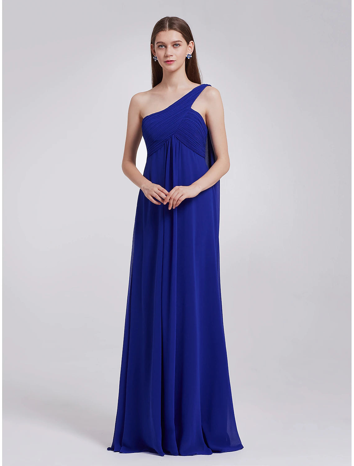 Floor-length one-shoulder pleated chiffon A-line evening gown