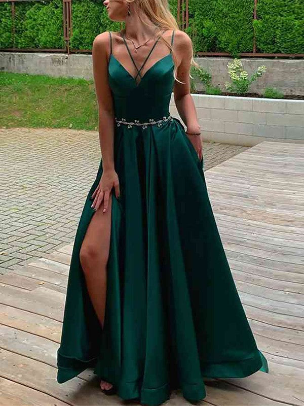 A-Line elastic woven satin sleeveless prom dress with spaghetti straps and sweep brush train