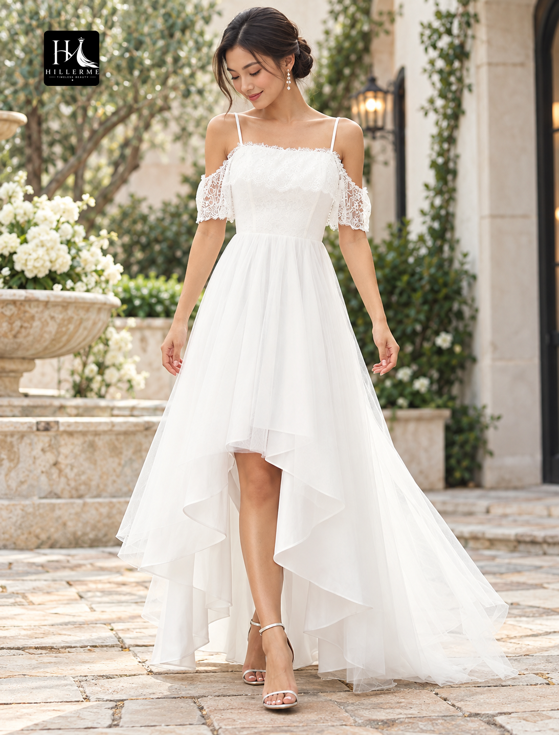 Off-the-Shoulder Short Sleeve A-Line Asymmetrical Lace Reception Wedding Dress