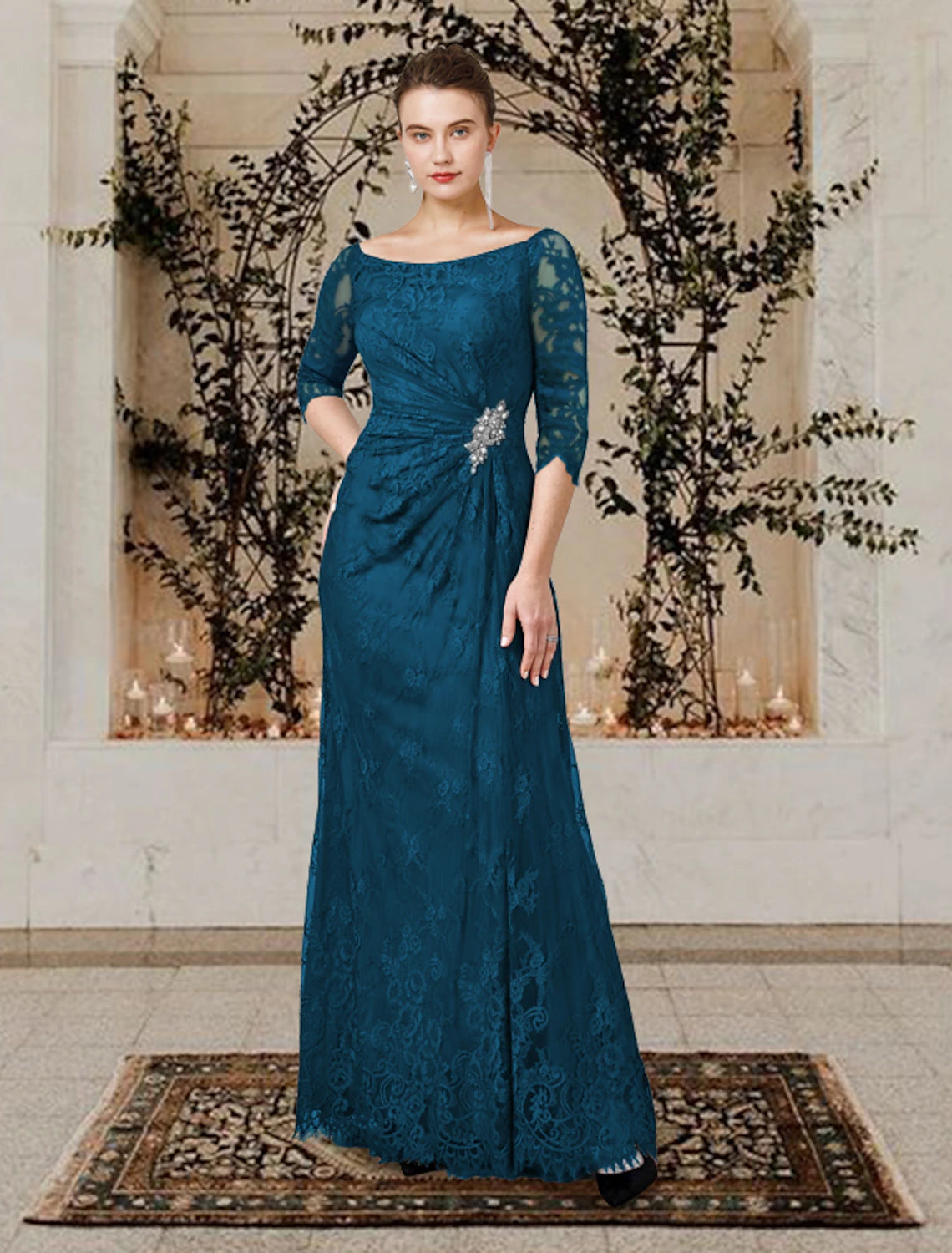 A-line mother of the bride dress with jewel neckline, lace short sleeves, and floor-length skirt