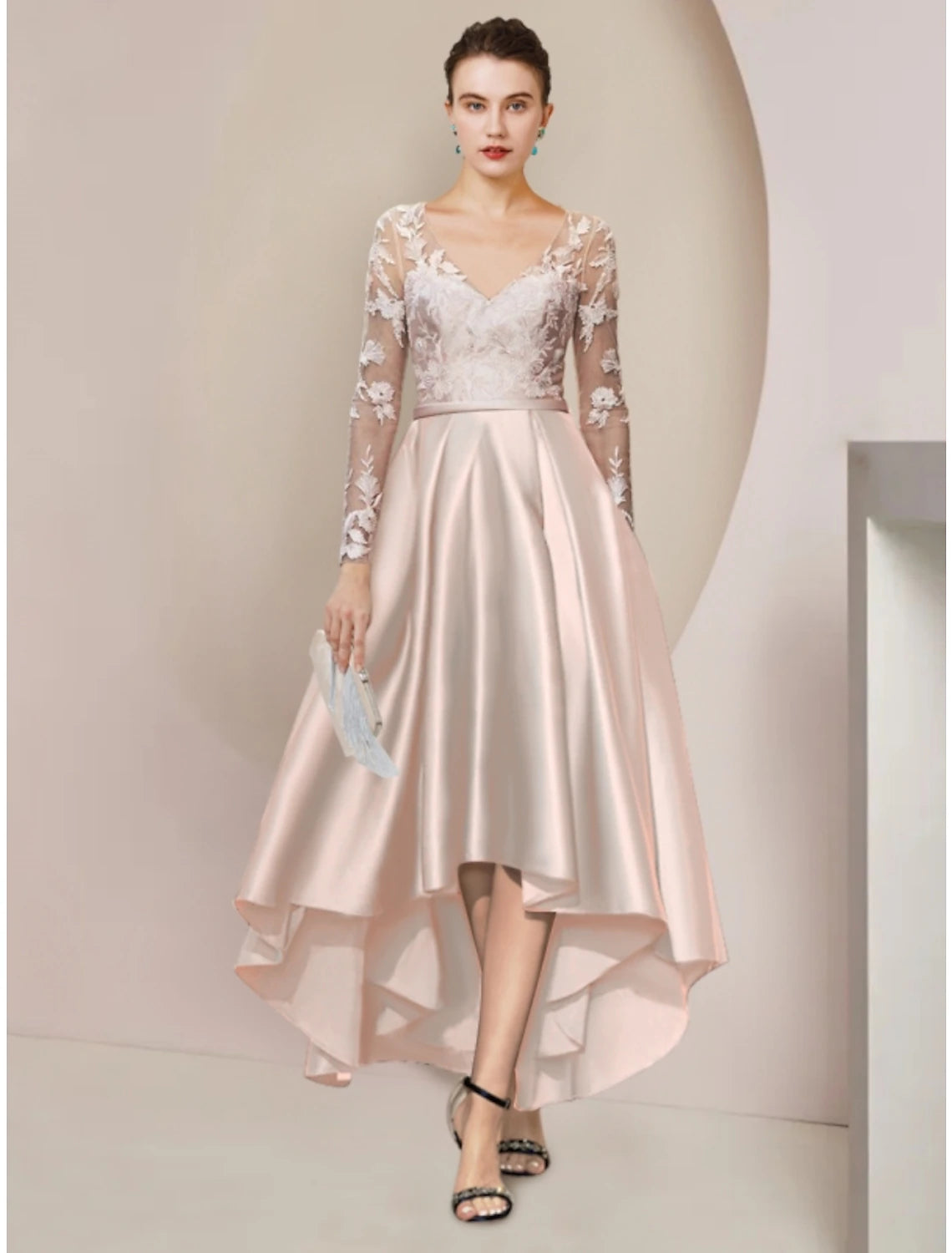 V-neck long sleeve satin sheath mother of the bride dress with lace pleats in pink