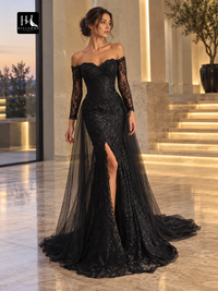 Off-the-Shoulder Long Sleeve Lace and Tulle Trumpet Mermaid Prom Dress with Sweep Train
