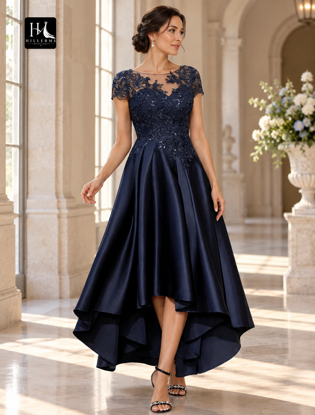 A-Line High-Low Scoop Neck Mother of the Bride Dress with Lace and Sequin Appliques