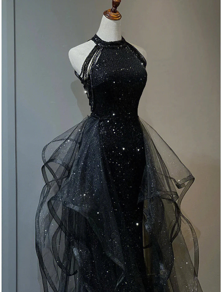 A-line skirt and sweep brush train on sequined halter neck prom dress