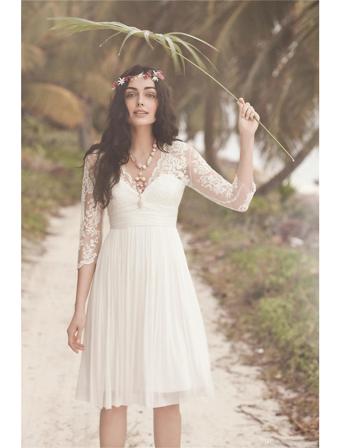 Ivory solid color off shoulder long sleeve tea length tulle sheath wedding dress