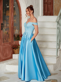 Satin and lace floor-length A-line gown with off-the-shoulder neckline