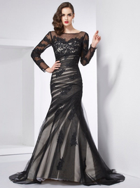 Trumpet/mermaid long net prom dress with jewel neckline, long sleeves, and applique detailing