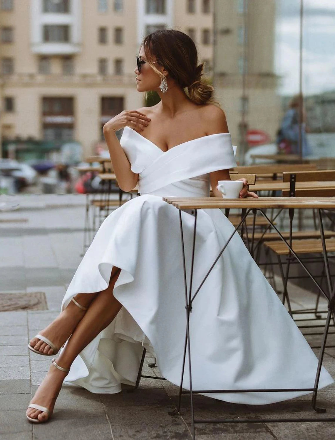 Tea-length A-line off-the-shoulder wedding dress in solid ivory satin