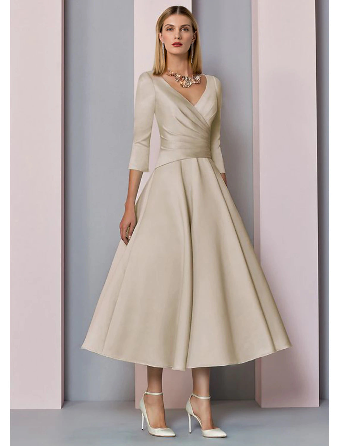 A-line satin mother of the bride dress with V-neck and 3/4 sleeves