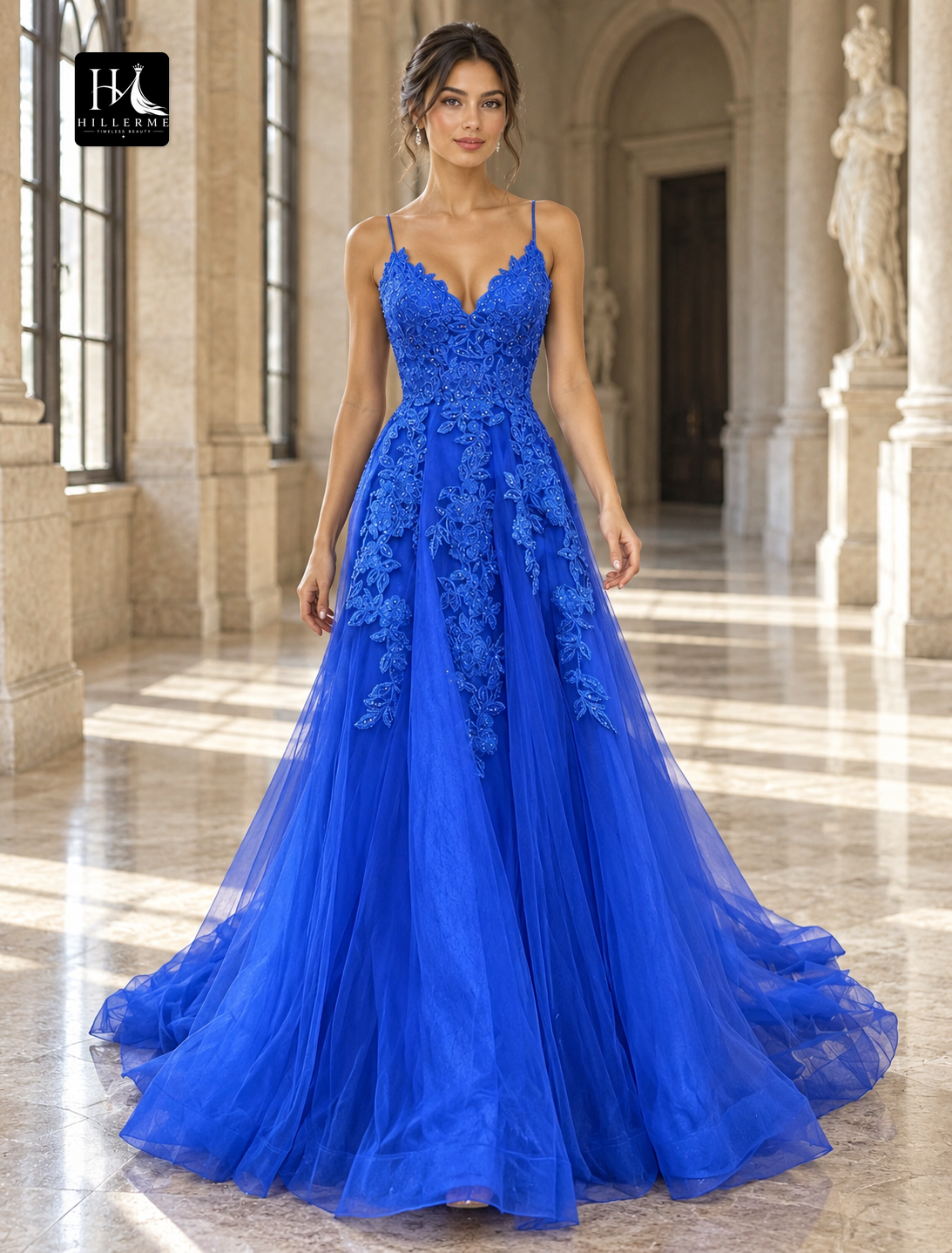A-Line V-Neck Sleeveless Tulle Prom Dress with Beading Appliques and Court Train