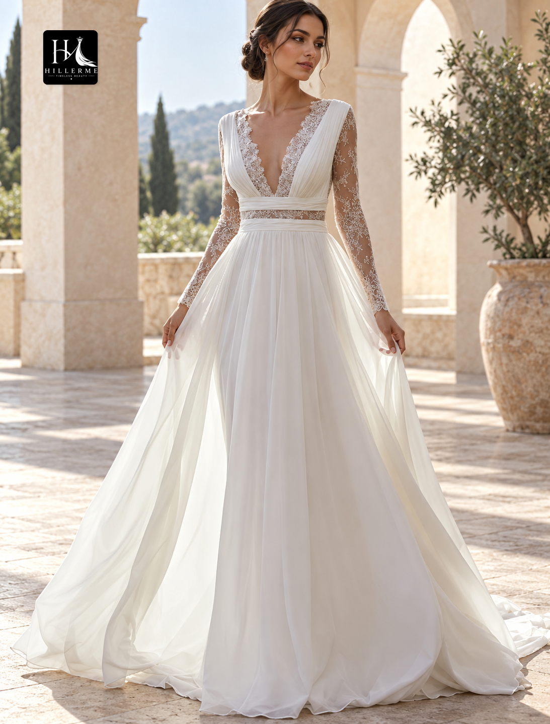 Boho Open Back V-Neck Sleeveless Chiffon Beach Wedding Dress with Pleats