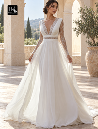 Boho Open Back V-Neck Sleeveless Chiffon Beach Wedding Dress with Pleats